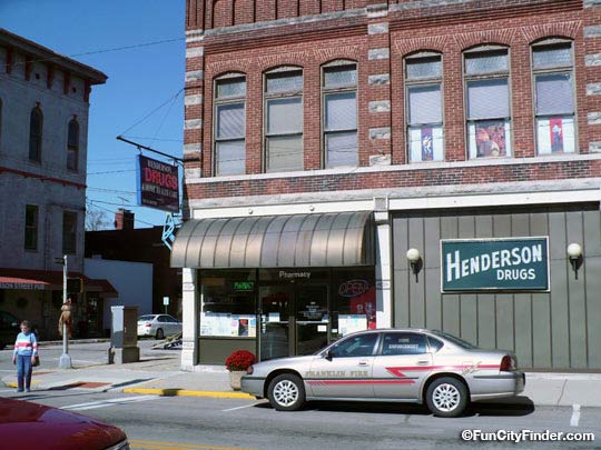 Photo of the Henderson Drug store in downtown Franklin, Indiana