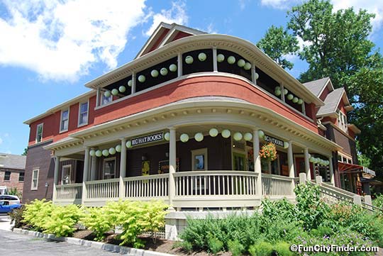 Picture of the colorful porch, paper lanterns and store front of the Big Hat Bookstore in the heart of Broad Ripple Village in Indianapolis, Indiana