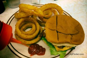 Sigler's bacon cheeseburger with onion rings