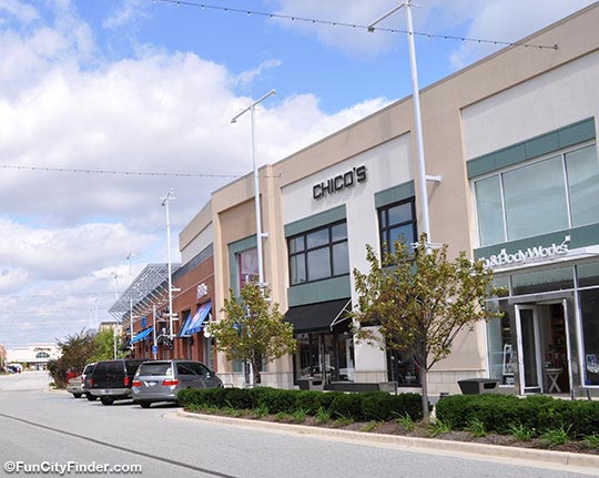 Various shops and stores in the Metropolis Shopping Center in Plainfield, Indiana.