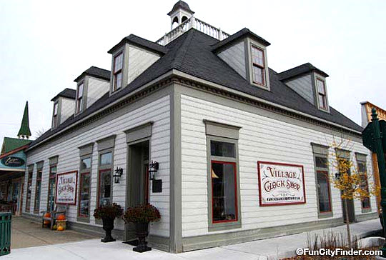 Exterior of the Village Clock Shop in downtown Zionsville, Indiana